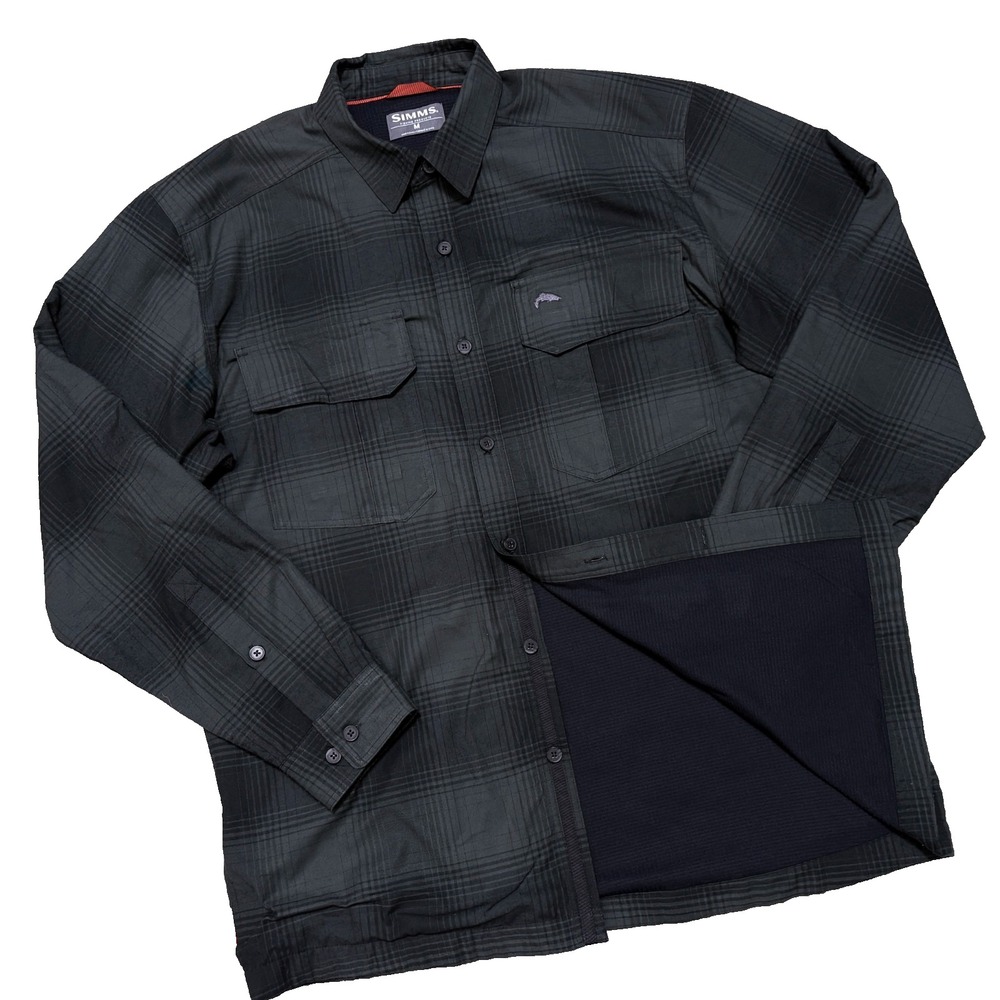 SIMMS Shirt Fleece Lined Flannel Shacket Jacket Button Up Flap Pockets Mens M